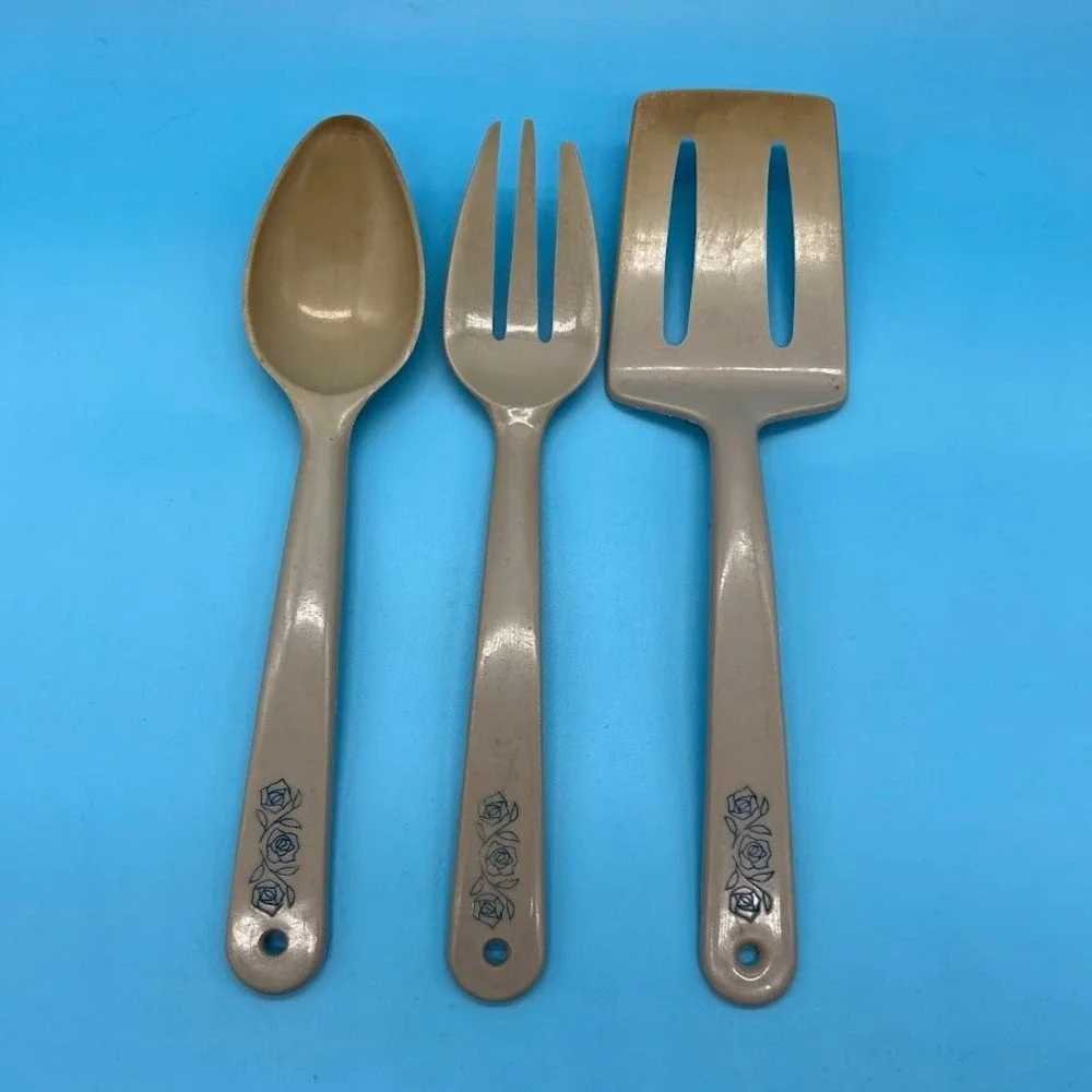 Vintage Norplac Nylon Kitchen Utensils White Blue Flowers DuPont Set of 3 Retro